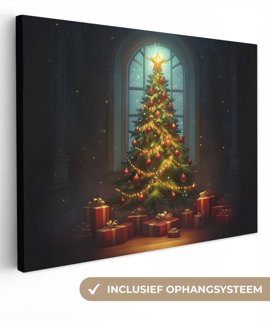 Canvas schilderij 80x60 cm - Wanddecoratie Kerstboom - Cadeau - Kerst - Winter - Muurdecoratie woonkamer - Kerstdecoratie voor binnen - Kerstversiering decoratie - Kerstmis versiering in huis - Christmas tree decorations - Kerstaccessoires