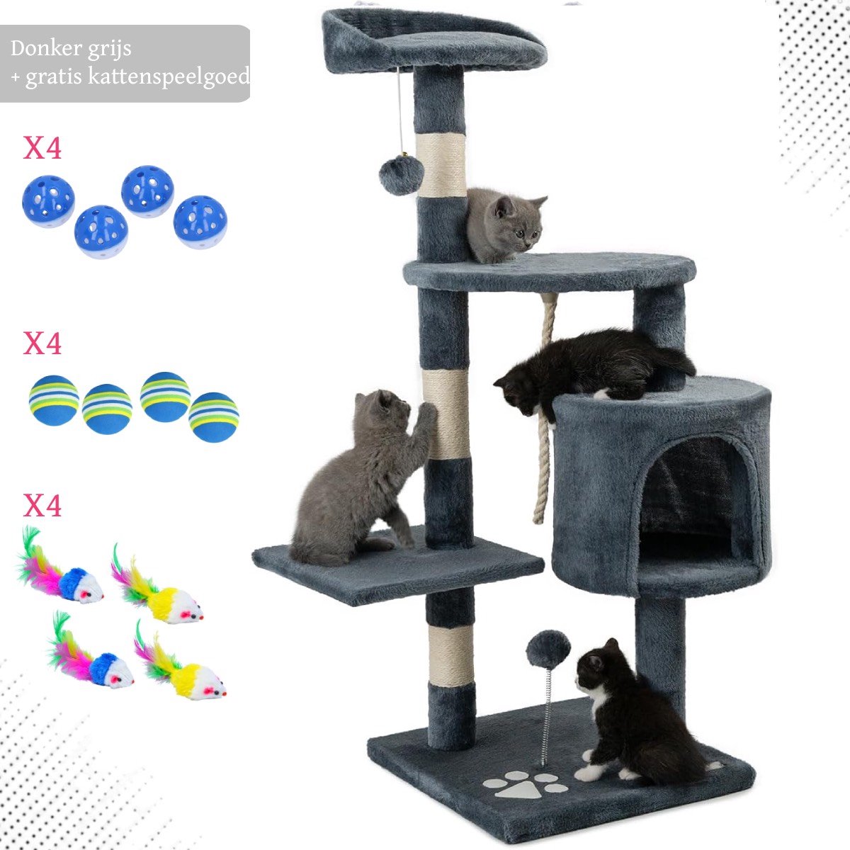 Kattenhuis – Kattenkrabpaal met grot, sisalstammen & speelaccessoires – Katten Speelhuisje – Kattenboom – 112 cm – krabpaal – voor katten – Donker grijs