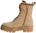 Beige suède enkellaarsjes met veters, ritssluiting, dikke profielzool en teddy voering.