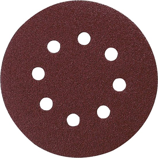 Rode schuurschijf (125mm) met zeven witte gaten in een cirkelpatroon, K100 grit.