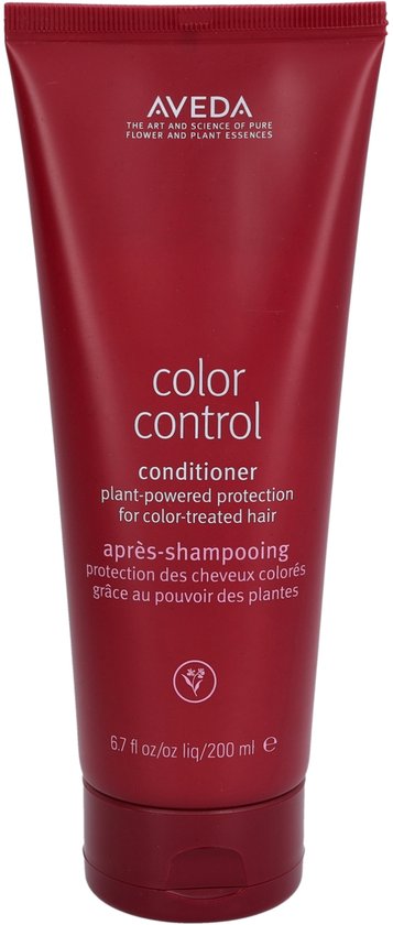Donkerrode Aveda Color Control conditioner tube met witte tekst: 'color control conditioner plant-powered protection for color-treated hair'.