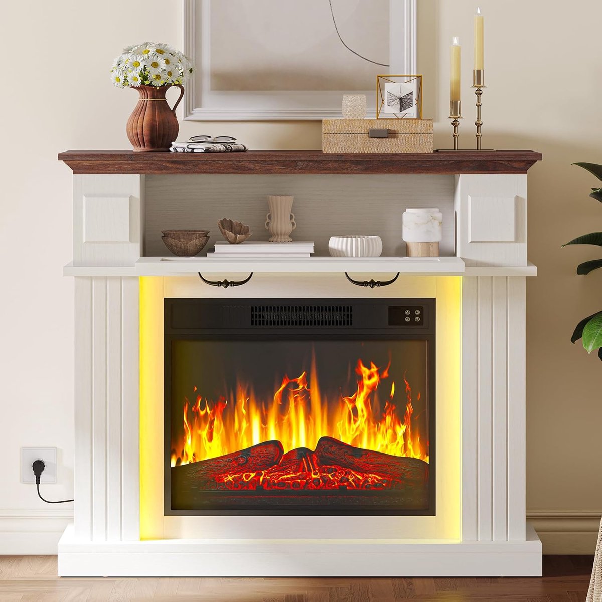 Elektrische Open Haard Ganeey 38 Inch met Realistisch 3D Vlameffect, LED Verlichting in 24 Kleuren, Timer & Afstandsbediening – Vrijstaande Elektrische Sfeerhaard met Verwarming – Modern Wit Design – Energiezuinig & Stil – 2000W