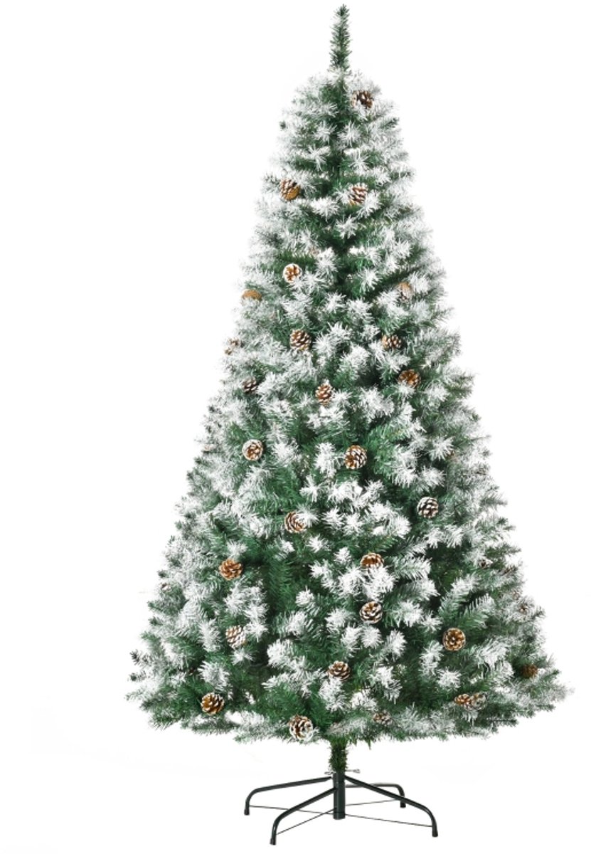 Künstlicher Weihnachtsbaum, 800 Zweige, 61 Zapfen, verschneite Spitzen, feuerfest, 180 cm