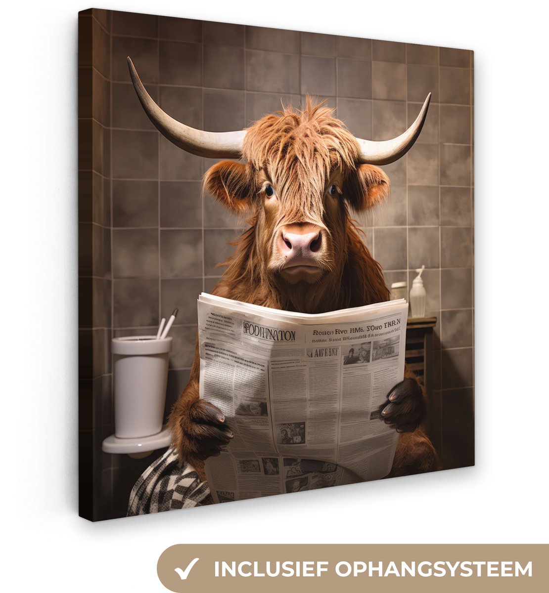 Canvas schilderij 90x90 cm - Exclusieve wanddecoratie Schotse hooglander - Krant - Toilet
