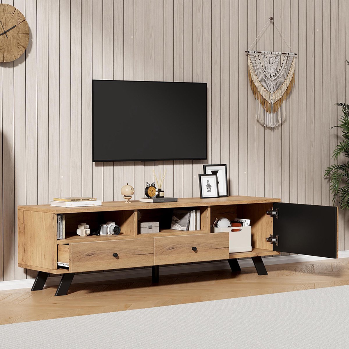 KOMHTOM TV-meubel 150*38*44 cm, klein TV-meubel, TV-meubel met 2 lades, laag meubel met kast, breedte 150 cm, geschikt voor 60 inch tv's, woonkamermeubel in houtkleur Natuurlijk hout