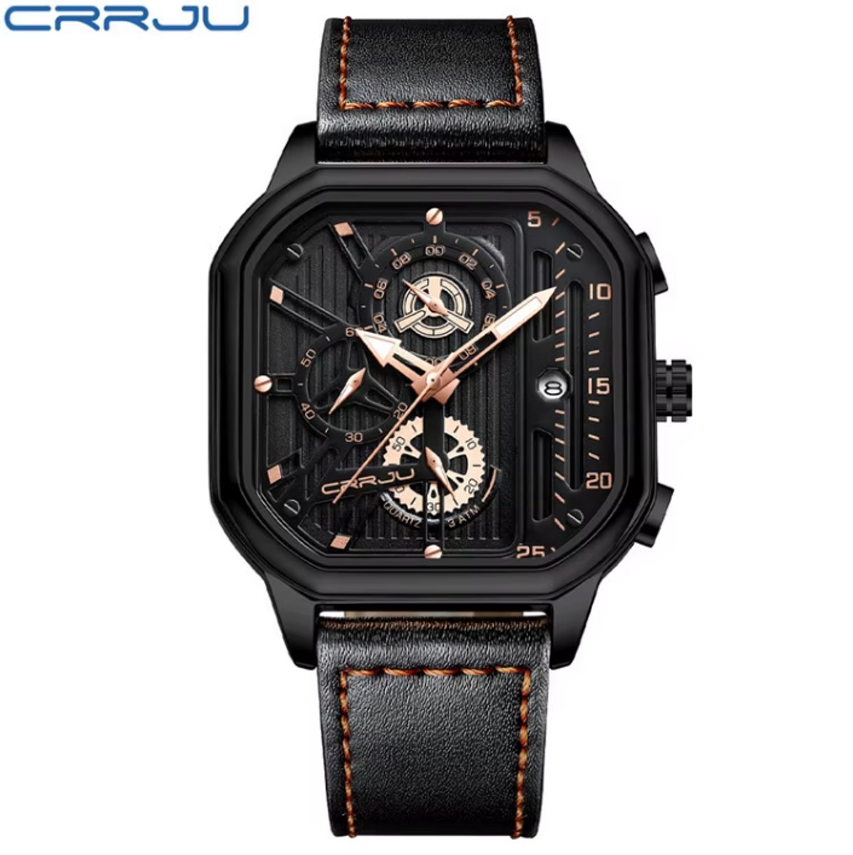 CRRJU Horloge 2302 - Full Black Rosékleurig - Heren - Vierkante Kast - Quartz - 43 mm - Lederen Band - Chronograaf - Kalender - Waterbestendig - Modern - Stoer - Elegant