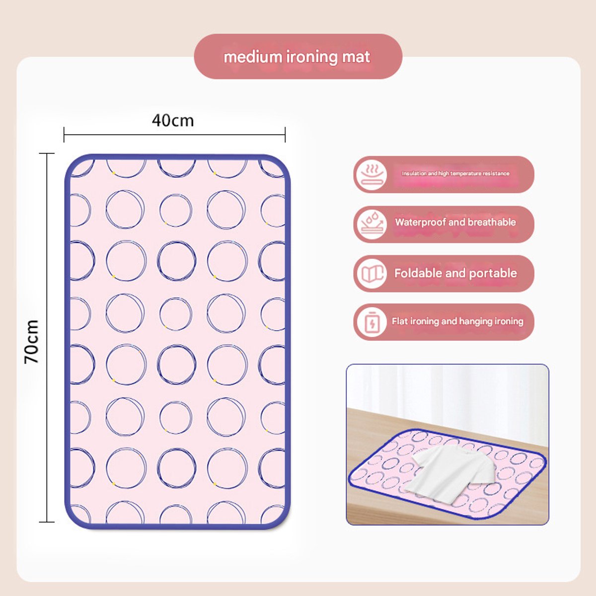 Handheld stoomstrijkmat, hangende strijkmat voor over de deur, hittebestendige stoomstrijkmat voor thuis/op reis, opvouwbare strijkmat voor over de deur met haak (40x70cm)