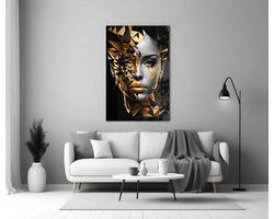 Glasschilderij – Gouden Vrouw – Abstract Geometrische Kunst – Luxe Moderne Wanddecoratie - 90x60 cm