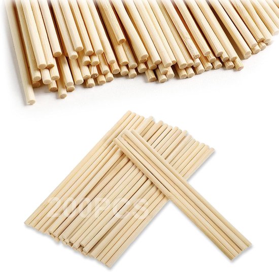 100 Stuks Ronde Houten Stokken, Onbehandeld Natuurlijk Bamboe, Deuvelstangen 15 cm x 3 mm voor Knutselen, Pluggen en Suikerspinnenstaafjes voor
