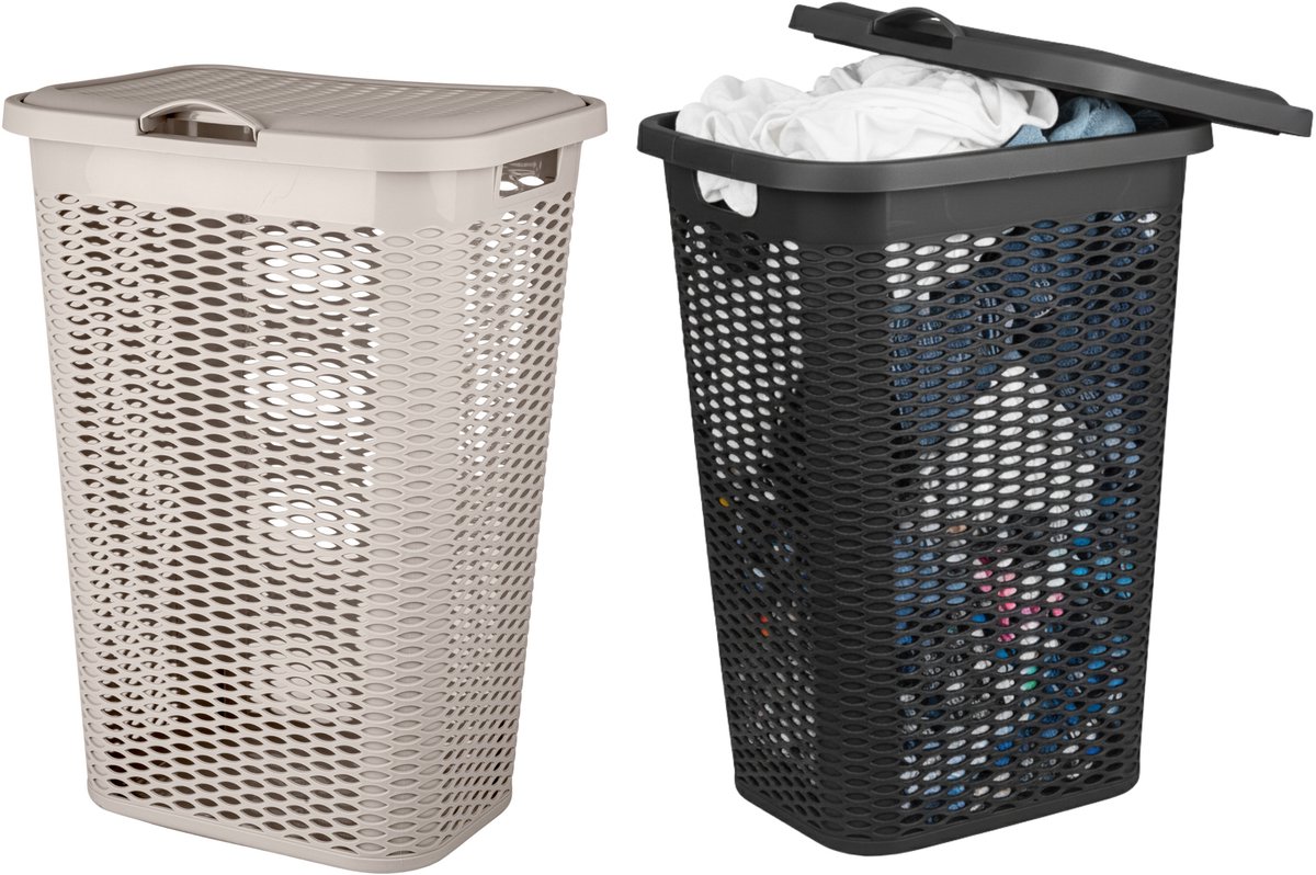 Wasmand Ventilation - met deksel - 2x stuks - zwart en beige - 50 liter - 61 x 43 cm