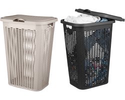 Wasmand Ventilation - met deksel - 2x stuks - zwart en beige - 50 liter - 61 x 43 cm