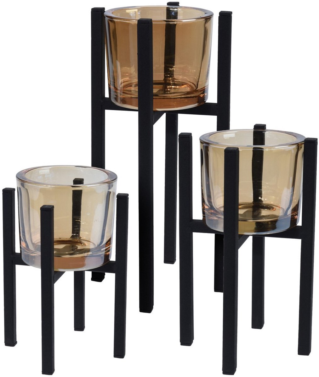 Bellatio Design Theelichthouders - set 3x stuks - zwart - metaal/glas - Waxinelichthouders / theelichthouders