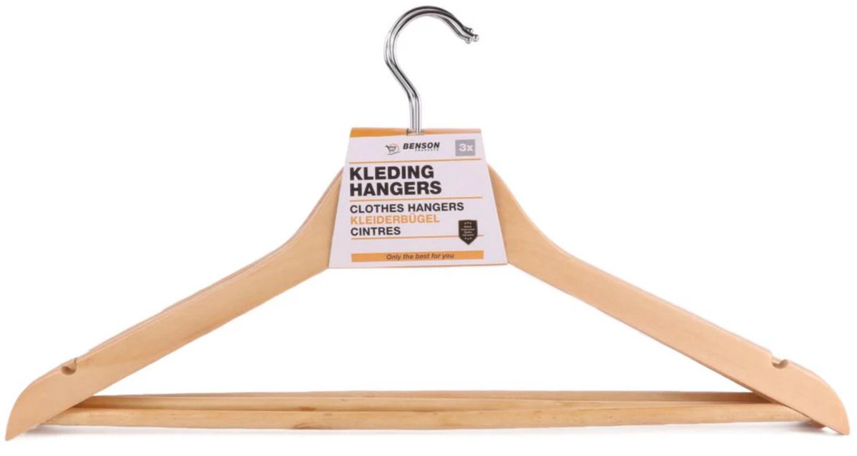 Benson Kledinghangers - 3x stuks - hout - anti slip - 45 cm - draaibare haak - kledingkast inruimen