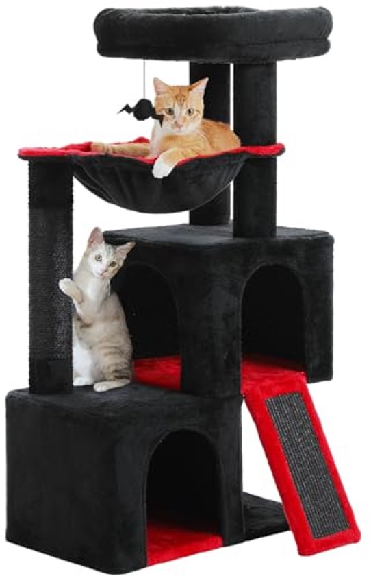 PETEPELA 180 cm krabpaal groot, multi-level kattenboom voor grote katten, met 6 sisalzuilen, 2 krasplanken, 2 platformen, 1 hangmat, 2 speelballen, pluche stof, zwart