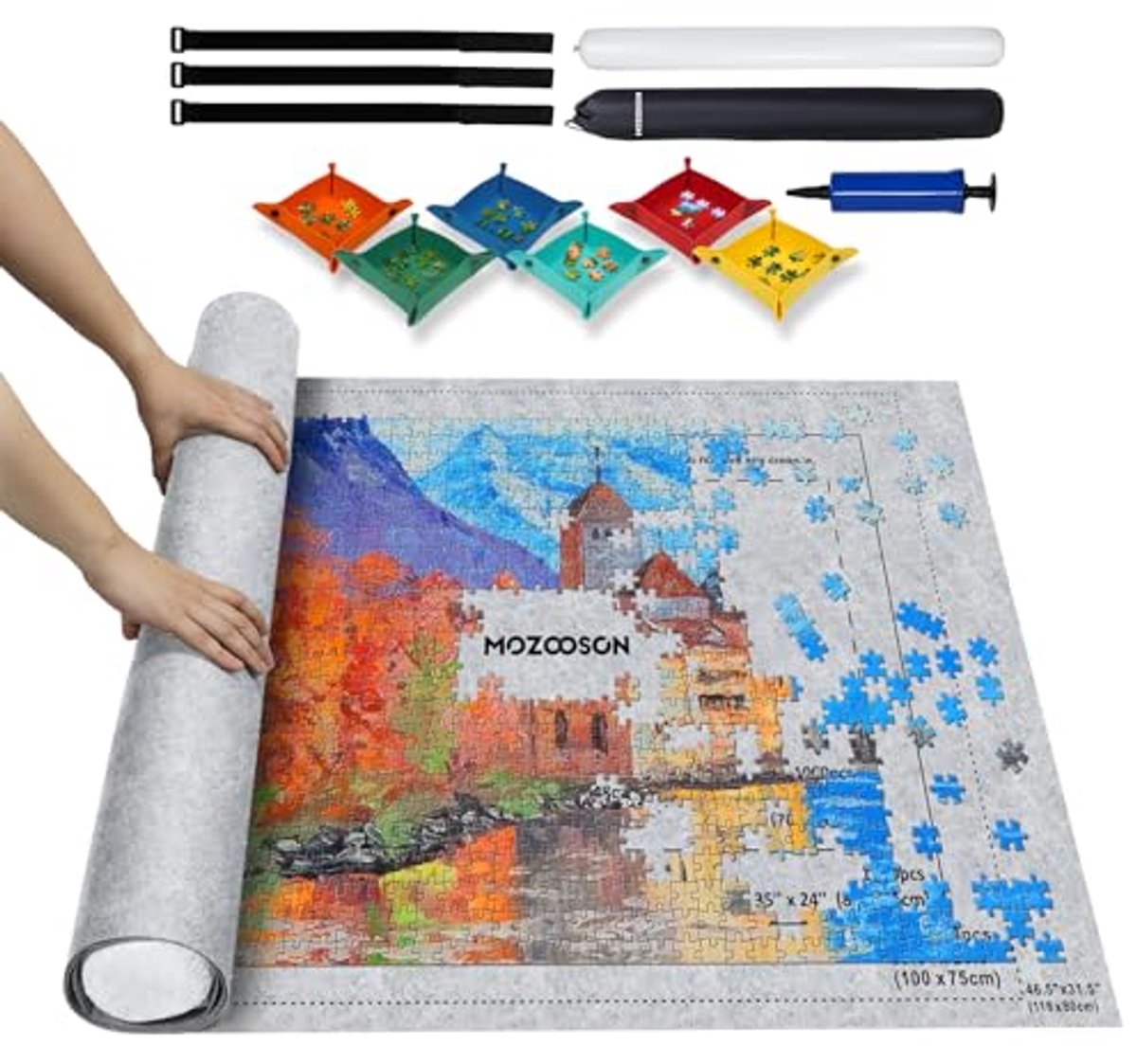 Legpuzzelmat voor 2000, 1500 en 1000 stuks - Oprolbare Vilten Puzzelmat met Puzzelsorteerders en Opblaasbare Pomp