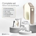 Complete set elektrische pluizenverwijderaar: pluizenverwijderaar, borstel, USB-kabel, reserve mesjes, kledingborstel en handleiding.