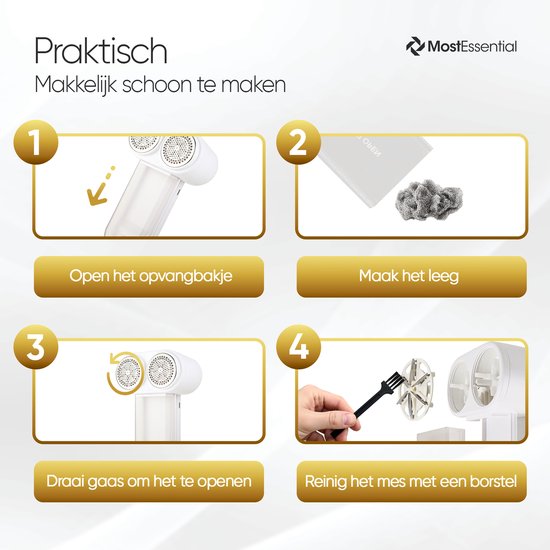 Stappenplan voor het reinigen van het apparaat: openen opvangbakje, legen, gaas draaien en mes reinigen met borstel.