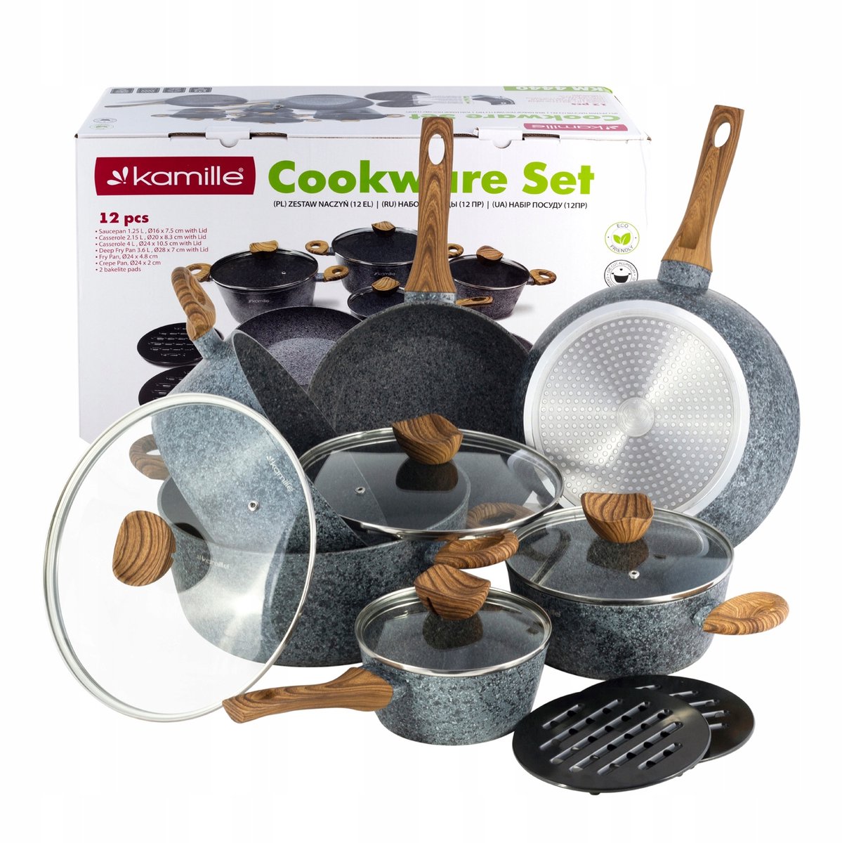 Kamille Pannenset 12 Delig met Graniet Coating - Gas & Inductie