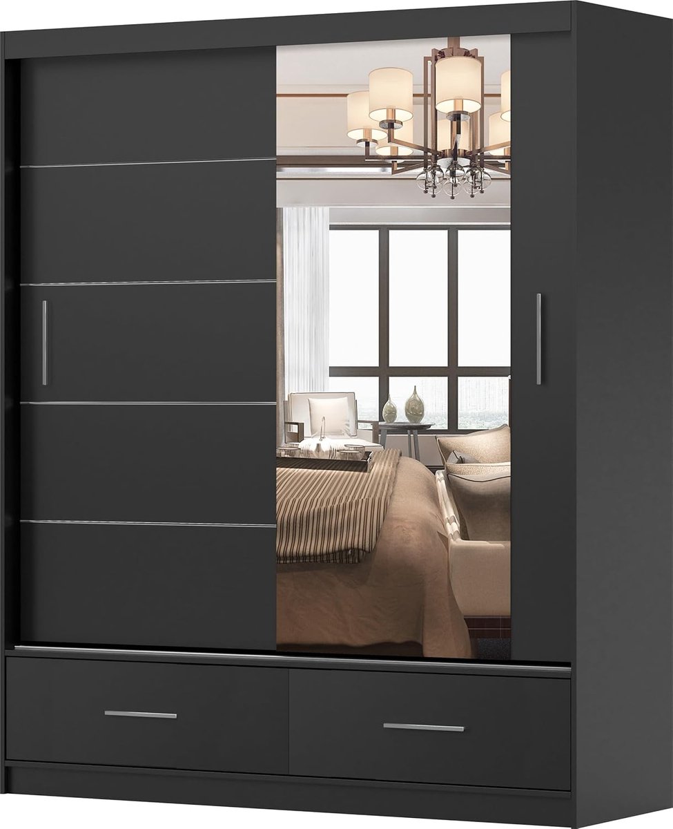 Moderne Zwarte Glanzende Schuifdeurkast met Spiegel 150x218x61 cm – 2 Laden, 2 Kledingroedes & 6 Legborden – Slaapkamer Garderobekast en Opbergmeubel