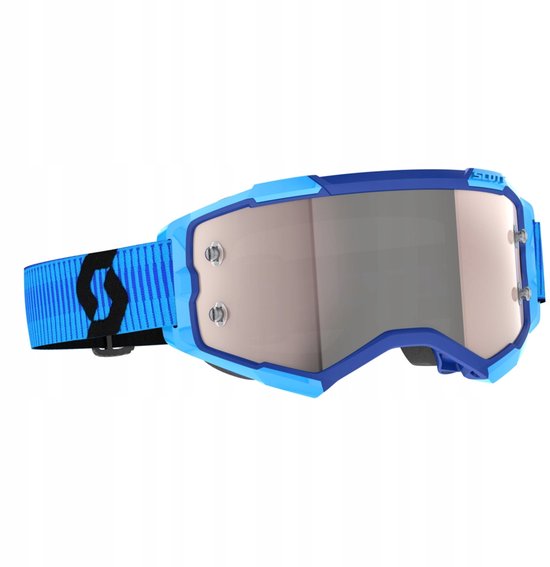Blauwe crossbril met een zilveren chroomlens. De band is blauw met zwart ruitpatroon en het Scott-logo.