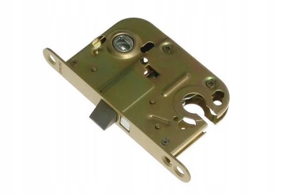 Assa Abloy insteekslot in goudkleurig metaal met een grijze dagschoot en sleutelgat.