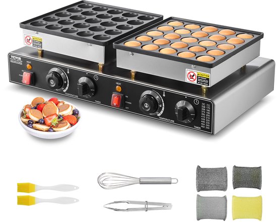 Dubbele pannenkoekenmaker met gebakken en lege bovenplaten. Inclusief keukengerei zoals spatel, garde, tang en borstels.