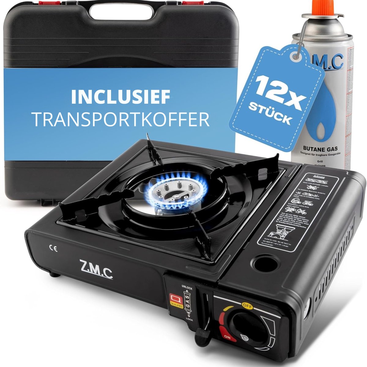 Z.M.C gasfornuis met 1 pit incl. adapter voor LPG + opbergkoffer Campingfornuis set met gaspatronen 227 g en grillplaat naar keuze, voor buiten en binnen, campinggasfornuis met piëzo-ontsteking