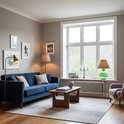 Woonkamer met blauwe bank, salontafel en raamfolie met subtiele horizontale strepen.