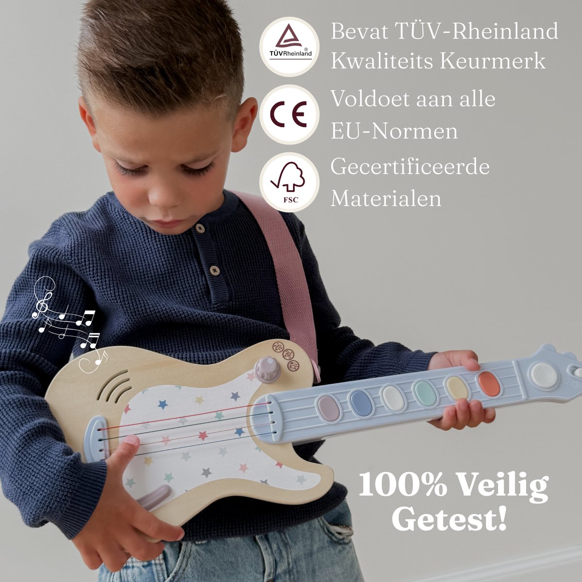 Elektrische Houten Speelgoedgitaar Kinderen - Muziek Speelgoed met Geluid, 3 Geluidsstanden & Volumeknop - Montessori Educatief Muziekinstrument vanaf 3 Jaar - Inclusief Draagriem - Ideaal Cadeau voor Peuters & Kleuters - Baby Doo — afbeelding 4