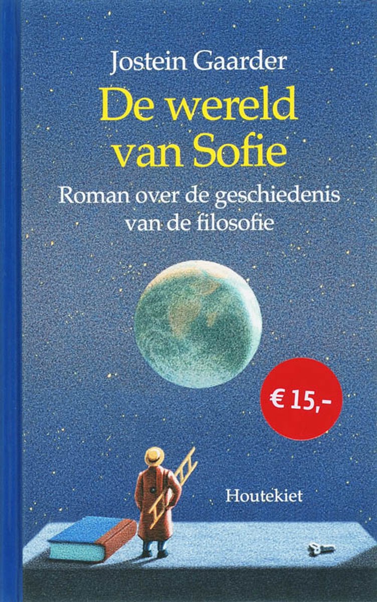 De voorkant van het boek 'De wereld van Sofie' met een figuur die een ladder beklimt naar de aarde.