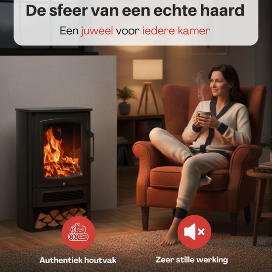Zwarte sfeerhaard met realistisch vuur, houtvak, en een vrouw die thee drinkt.
