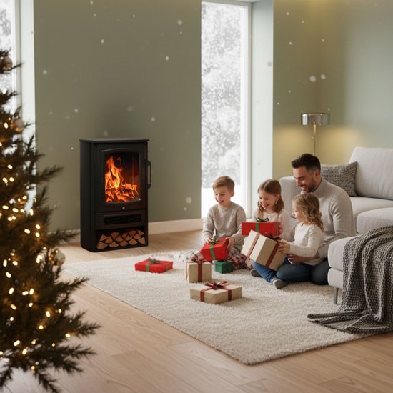 Familie opent cadeaus rond een zwarte sfeerhaard met kerstboom op de achtergrond.