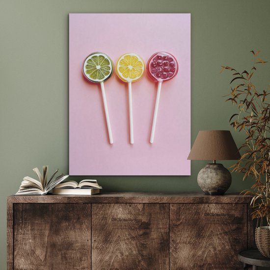 Akoestisch wandpaneel 60x80 cm - Vilt schilderij Lolly - Snoep - Citrus - Akoestische panelen - Geluidsdempende wanddecoratie - Geluidsisolatie woonkamer - Muurdecoratie geluidspanelen