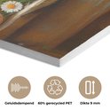 Dichtbij foto van de textuur van een akoestisch paneel, met iconen voor geluidsdemping en gerecycled materiaal.