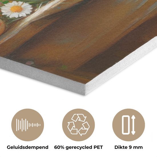 Dichtbij foto van de textuur van een akoestisch paneel, met iconen voor geluidsdemping en gerecycled materiaal.