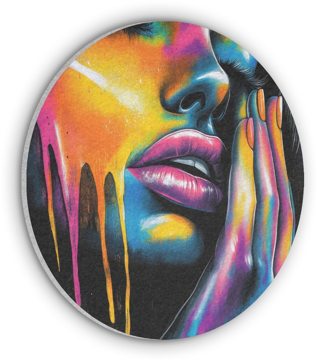 Akoestisch wandpaneel rond 80x80 cm - Vilt schilderij Vrouw - Gezicht - Verf - Kunstzinnig - Ronde akoestische panelen - Geluidsdempende wanddecoratie - Geluidsisolatie wandcirkel - Muurdecoratie geluidspanelen