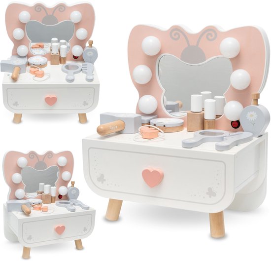 Mamabrum XXL Houten Kaptafel Met LED Verlichting, Krukje En Accessoires Voor Kinderen 2614456697
