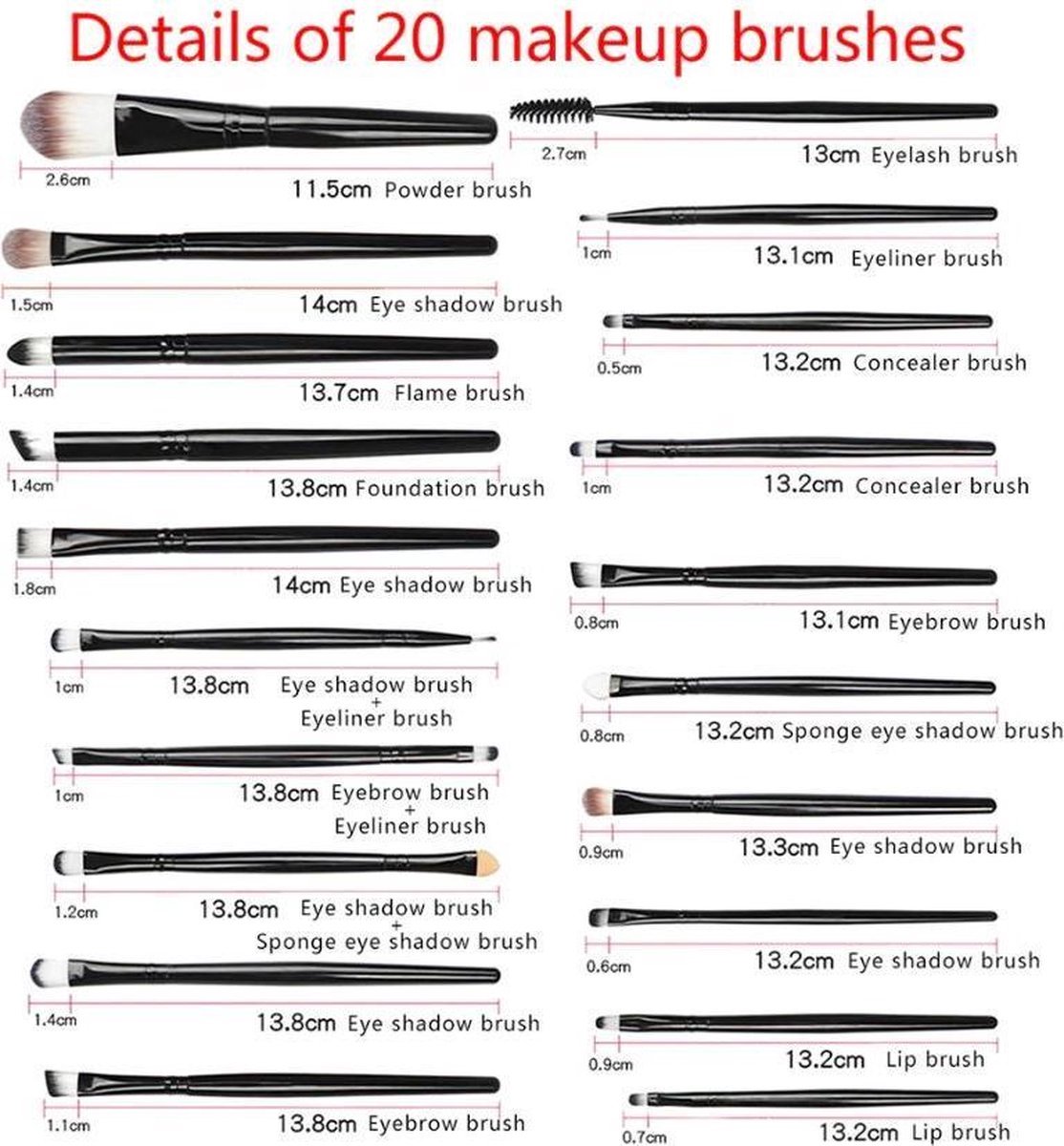 Ulanax - 20-Stuks Make-Up Kwasten Set Zwart-Wit Oogschaduw-Foundation Poeder-Eyeliner-Wimper-Lip Make-Up Borstel Cosmetische Beauty Tool Kit Hot