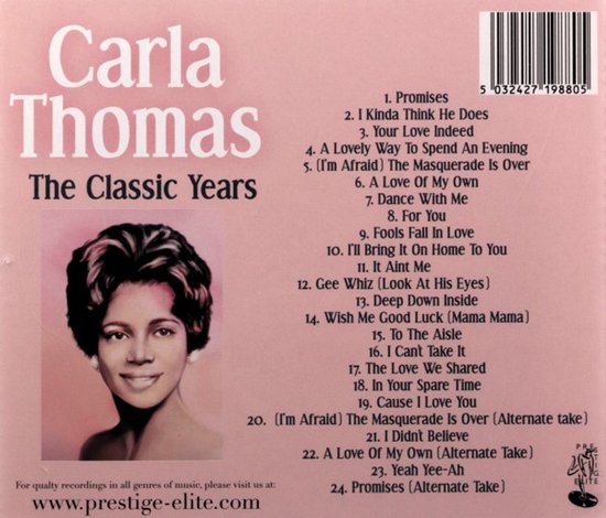 Achterkant album Carla Thomas, The Classic Years. Lijst met nummers en foto van Carla Thomas.