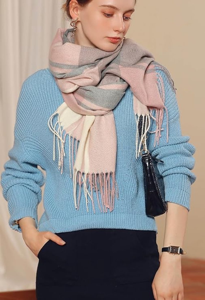 Sjaal, dames, winter, geruit, lang, zacht, kwastjes, kunstkasjmier, wikkeldoek , zacht op de huid , roze