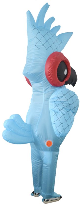 Blauw opblaasbaar paradijsvogelkostuum met zwarte snavel, rode oren en zwarte ogen.