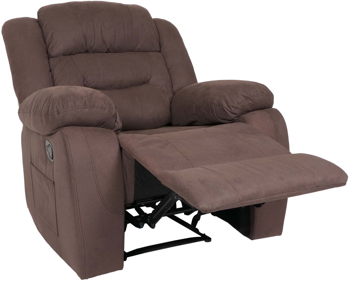 Televisiefauteuil MCW-J57, XXL-relaxfauteuil, tv-ligfauteuil, Nosag-vering, suède-look stof/textiel, tot 200 kg ~ bruin