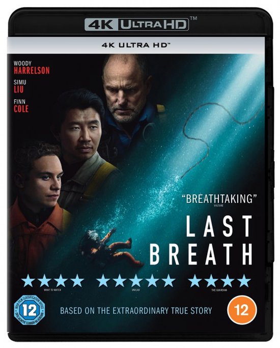 4K Ultra HD box met de poster voor 'Last Breath', met Woody Harrelson, Simu Liu, Finn Cole en een duiker.