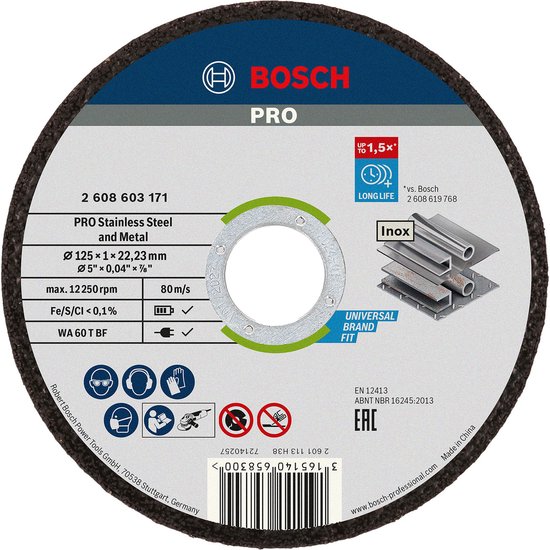 Bosch PRO doorslijpschijf voor RVS en metaal, Ø 125 mm, 10x, 1,5x langer leven.