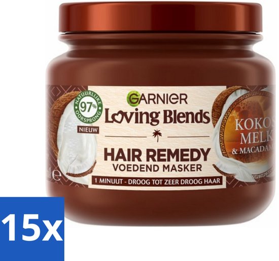 15 x Garnier - Loving Blends - Masque capillaire - Lait de coco & Macadamia - Cheveux normaux à Droog - 340 ml - Masque nourrissant - Masque capillaire Garnier - Loving Blends - Ingrédients naturels - Masque capillaire vegan