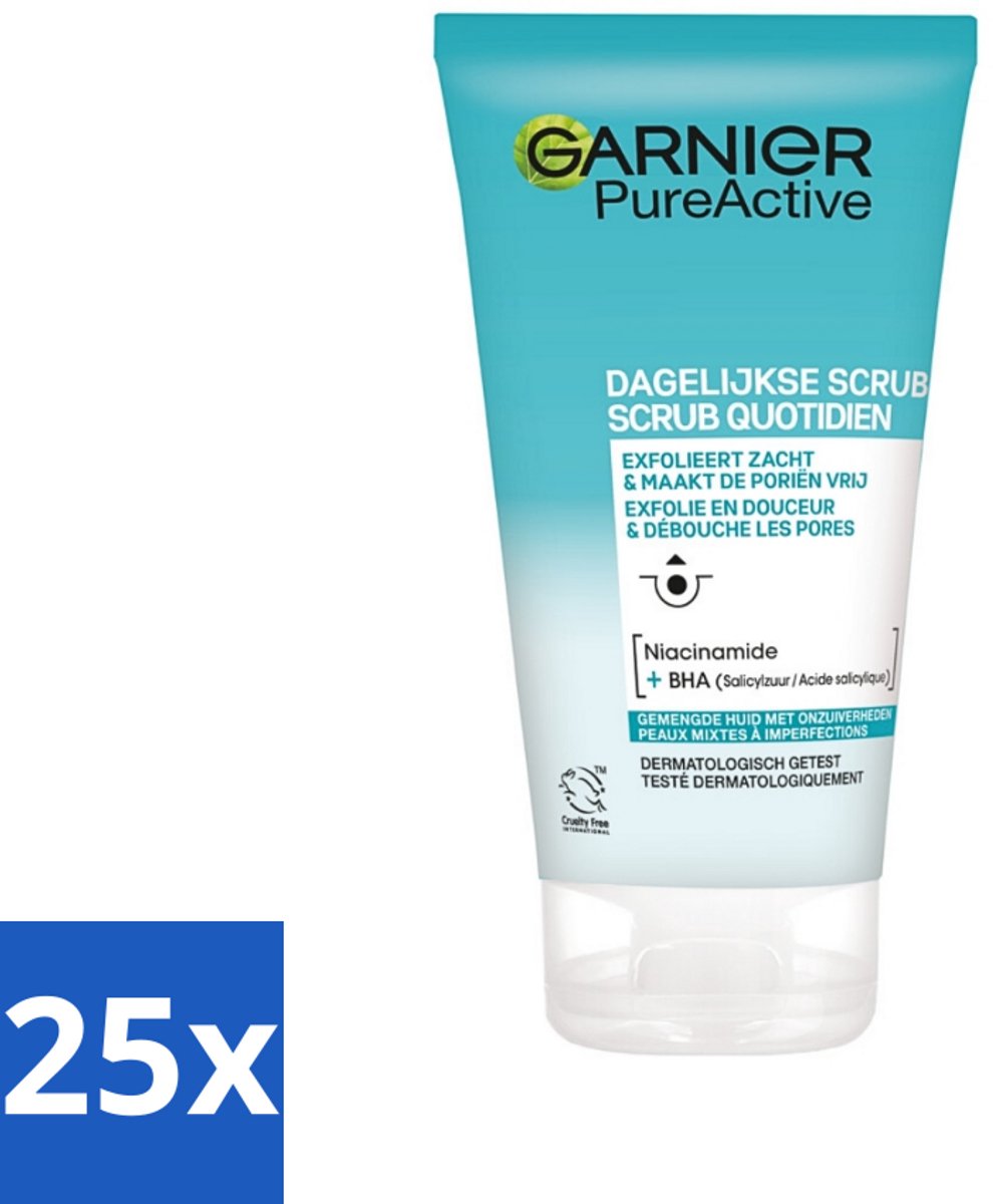 25 x Garnier - Pure Active - Dagelijkse Scrub - Niacinamide & BHA - Exfolieert & Reinigt Poriën - 150 ml - Voordeelverpakking - 25 stuks