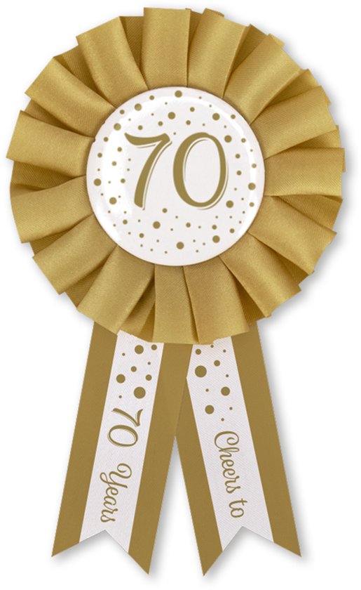 Q2P - 70 Jaar Rozet - Verjaardag Versiering - Wit & Goud - Feest - Buttons - Rosette