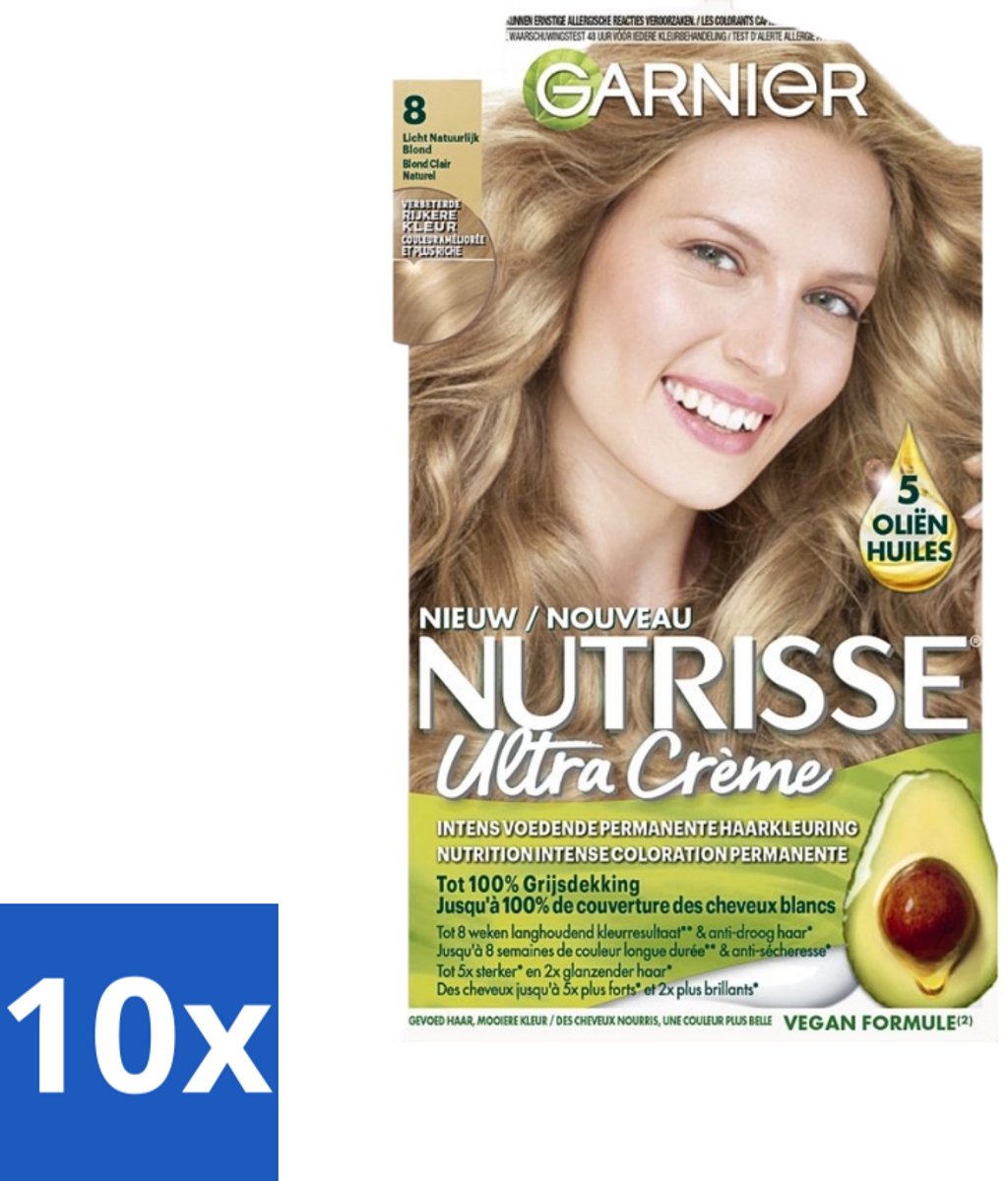 10 x Garnier - Nutrisse Ultra Crème 8 - Haarkleuring - Lichtblond - Intens Voedend - Permanente Kleur - Haarkleuring - Lichtblond - Voedende Haarverf - Permanente Kleur - Grijsdekking