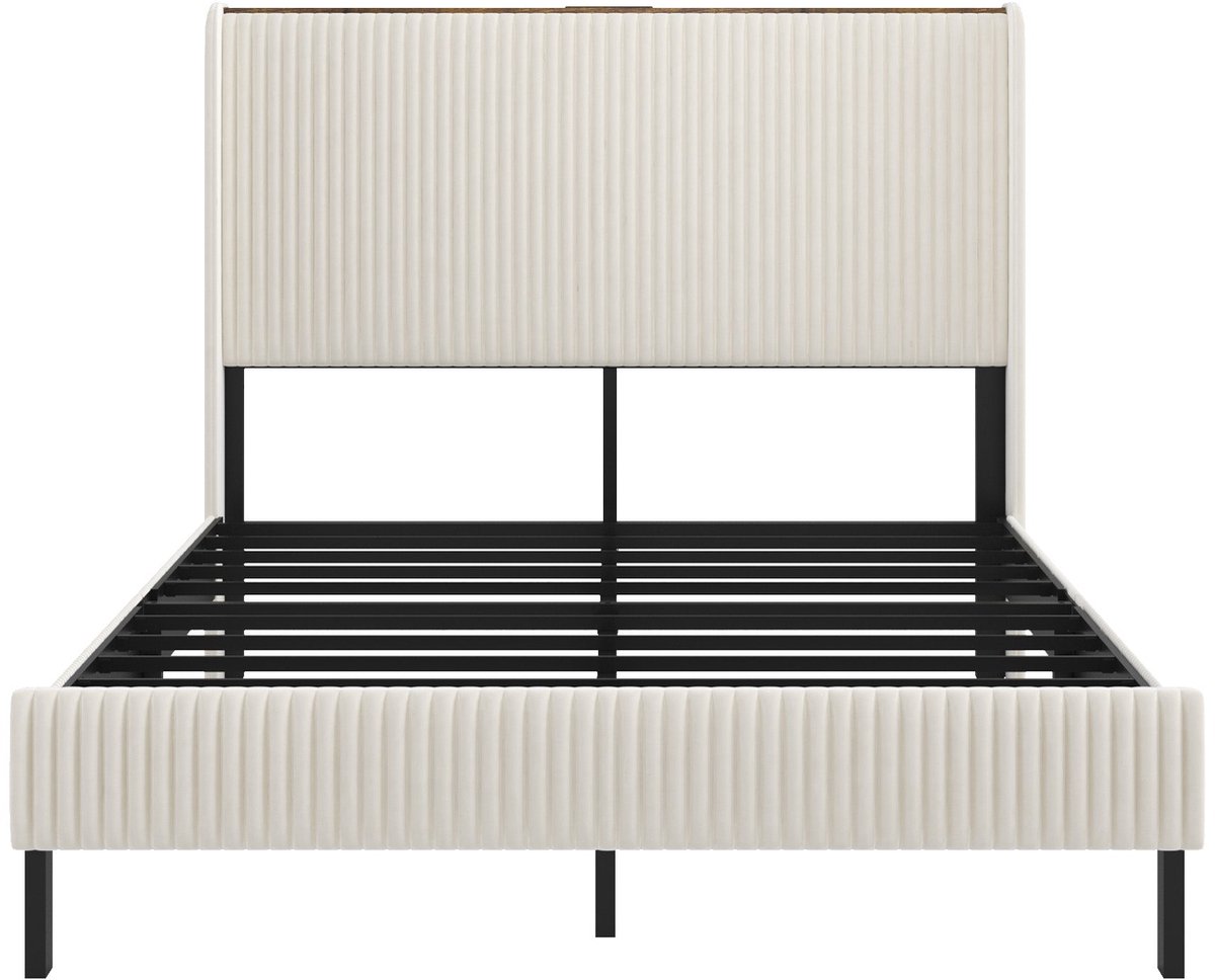 Merax Kingsize Tweepersoonsbed 180x200 cm – Modern Gestoffeerd Bed met Hoofdbord – Ribfluweel Beige