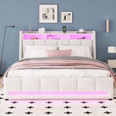 Gestoffeerd bed 140 x 200 cm - met LED-verlichting - met laden - met stopcontact en USB - met opbergruimte - beige - zonder matras